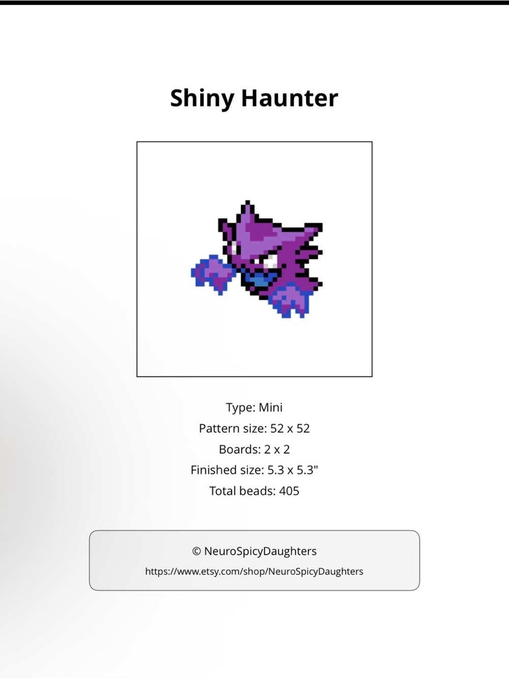 PHYSICAL COPY Pokemon Purple Haunter Pixel Art Bead Pattern